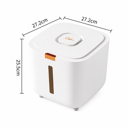 White sealed rice storage container with push-button lid and clear level window