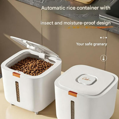 White sealed rice storage container with push-button lid and clear level window