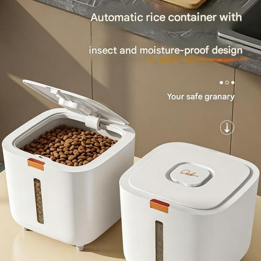 White sealed rice storage container with push-button lid and clear level window