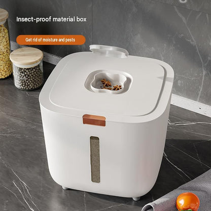 White sealed rice storage container with push-button lid and clear level window