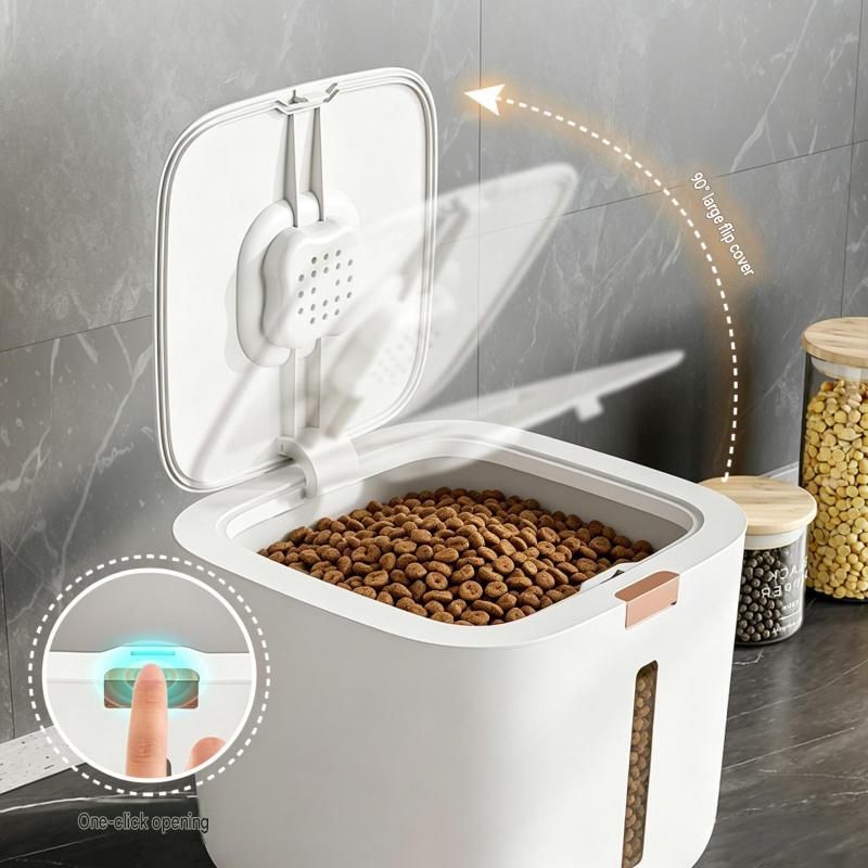 White sealed rice storage container with push-button lid and clear level window