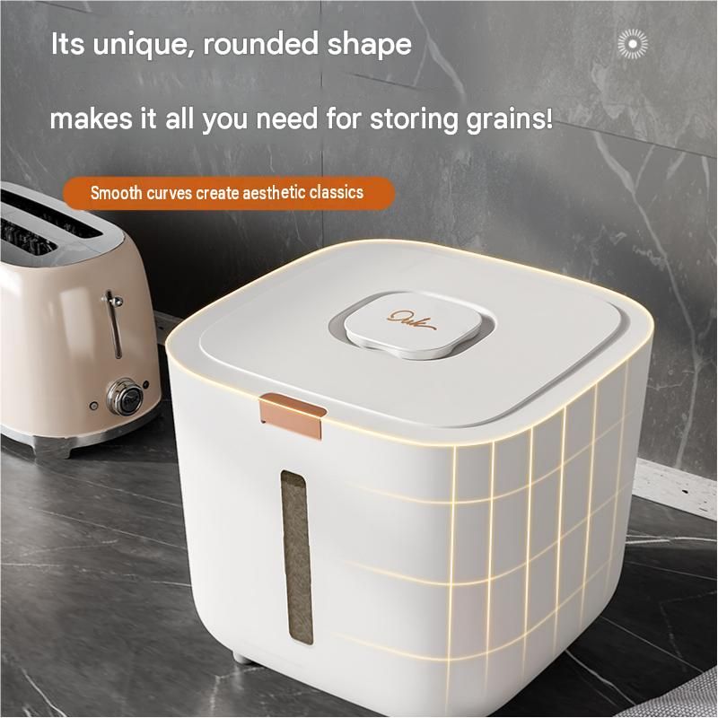 White sealed rice storage container with push-button lid and clear level window