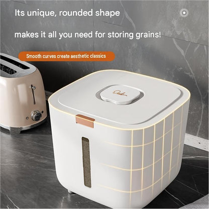 White sealed rice storage container with push-button lid and clear level window