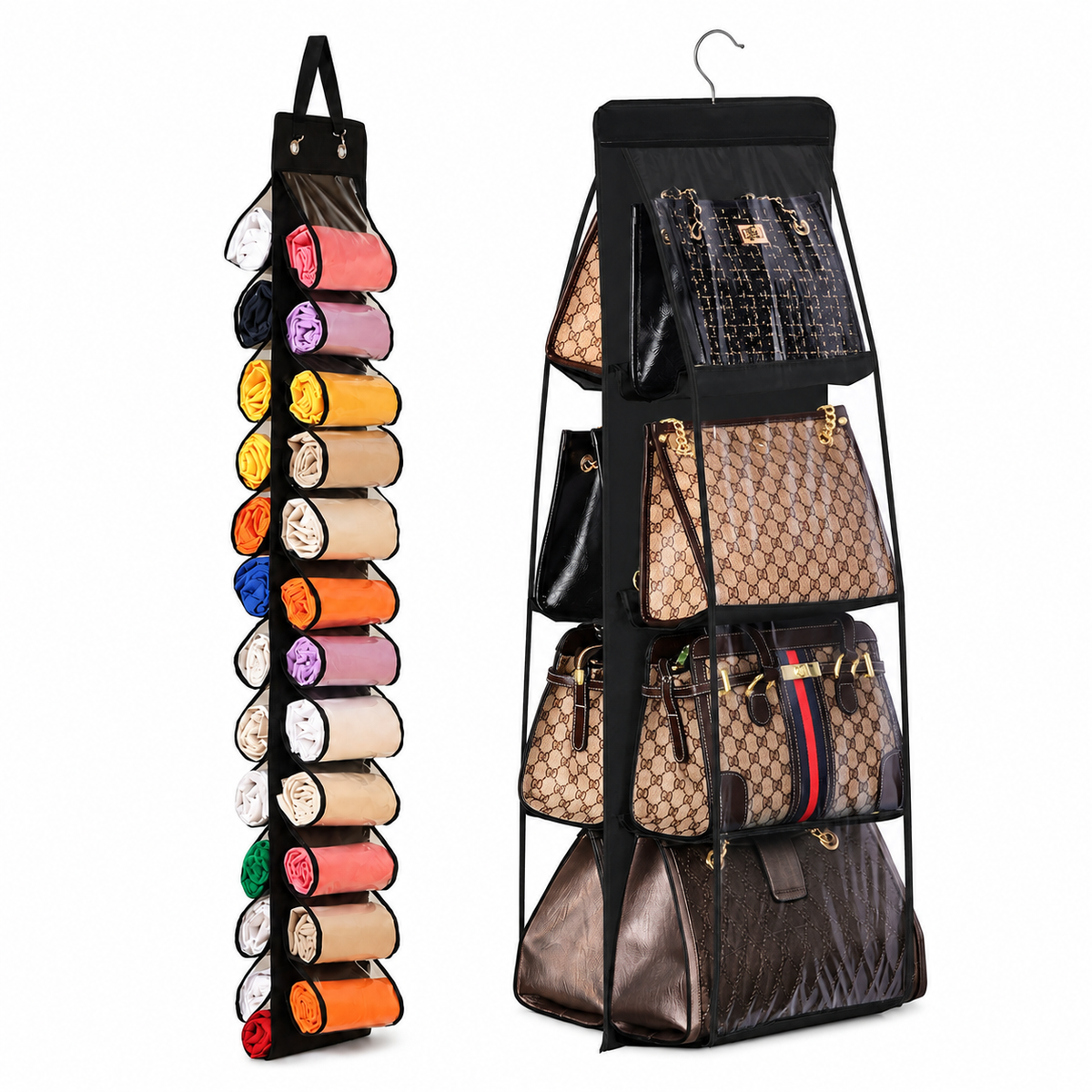 Black double sided hanging organiser set with transparent pockets for handbags and clothes