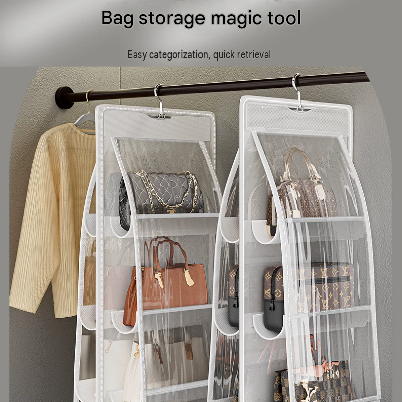 Black double sided hanging organiser set with transparent pockets for handbags and clothes