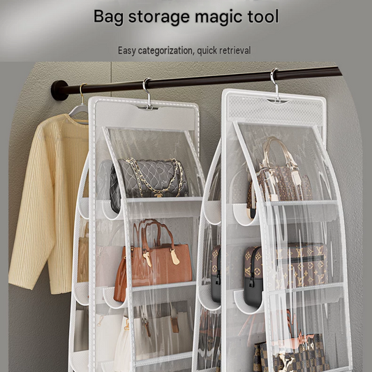 Black double sided hanging organiser set with transparent pockets for handbags and clothes