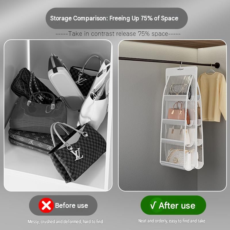 Black double sided hanging organiser set with transparent pockets for handbags and clothes