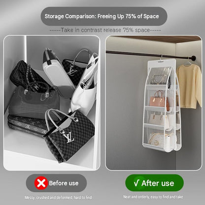 Black double sided hanging organiser set with transparent pockets for handbags and clothes
