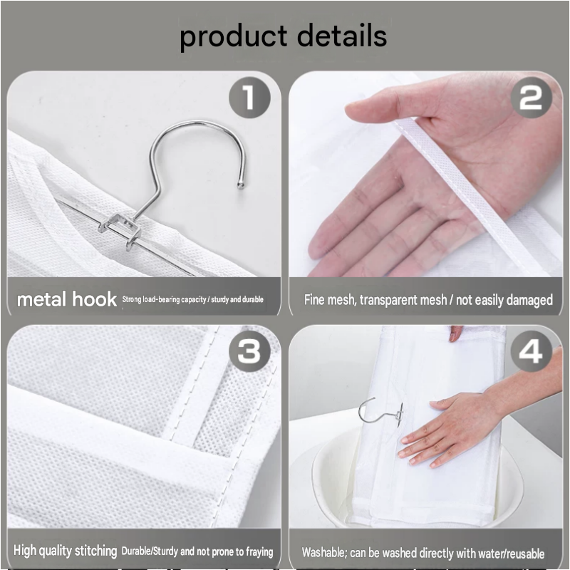 Black double sided hanging organiser set with transparent pockets for handbags and clothes