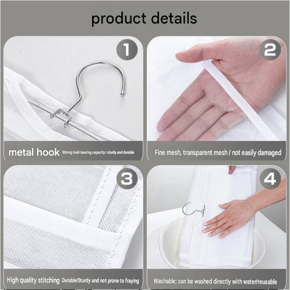 Black double sided hanging organiser set with transparent pockets for handbags and clothes