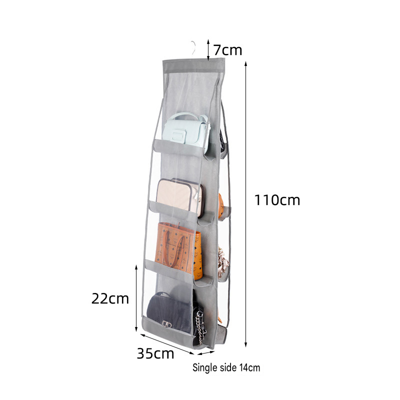 Black double sided hanging organiser set with transparent pockets for handbags and clothes