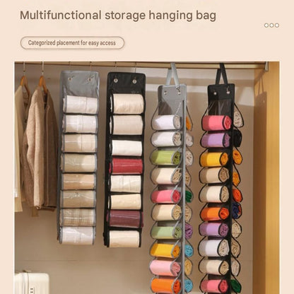 Black double sided hanging organiser set with transparent pockets for handbags and clothes