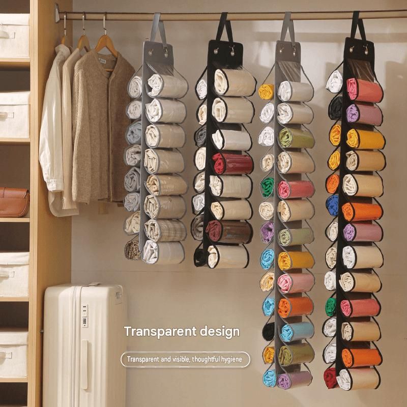Black double sided hanging organiser set with transparent pockets for handbags and clothes