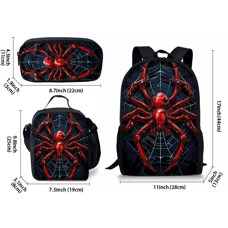 Spider print school bag set with backpack, insulated lunch bag and pencil case