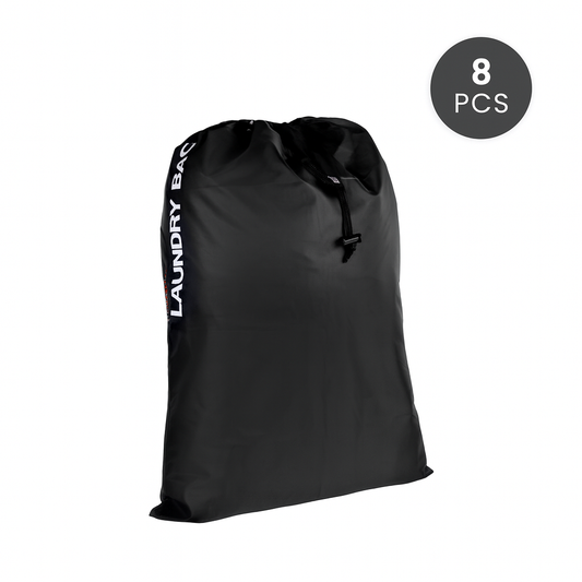 Eight black drawstring laundry bags arranged together