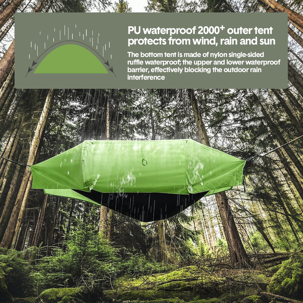 Double camping hammock tent with mosquito net strung between two trees