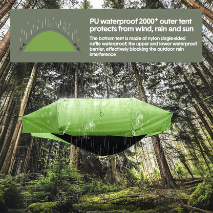 Double camping hammock tent with mosquito net strung between two trees