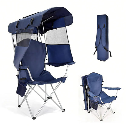 Dark blue foldable canopy shade chair with armrests, cup holder and carry bag