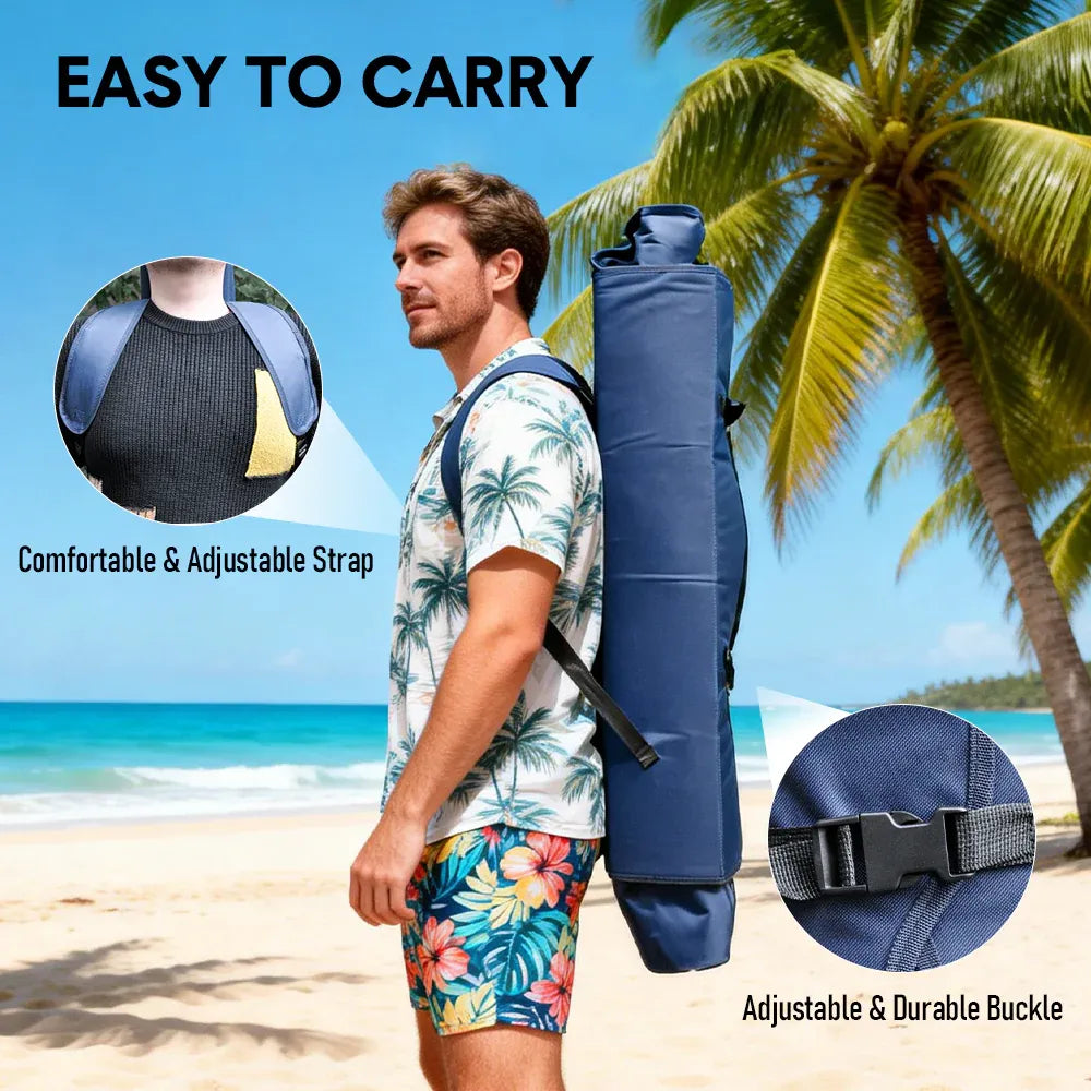 Dark blue foldable canopy shade chair with armrests, cup holder and carry bag