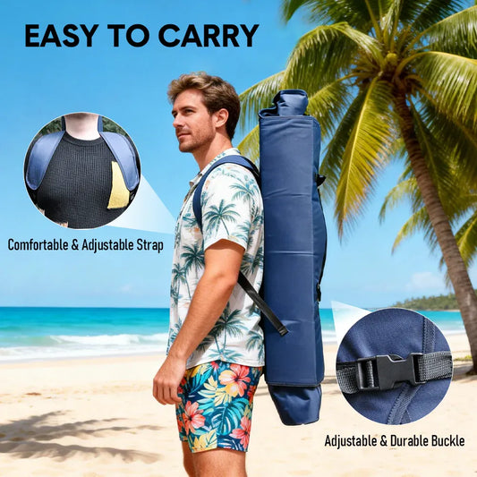 Dark blue foldable canopy shade chair with armrests, cup holder and carry bag