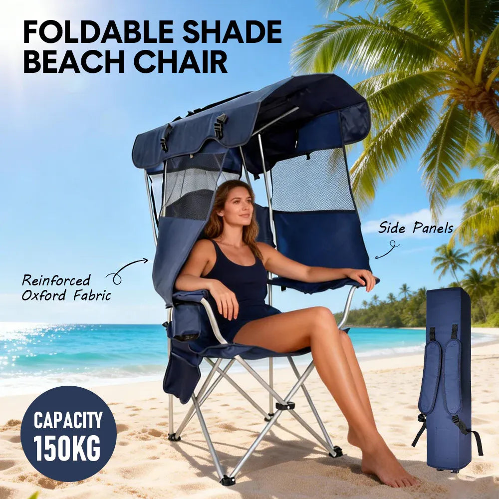 Dark blue foldable canopy shade chair with armrests, cup holder and carry bag