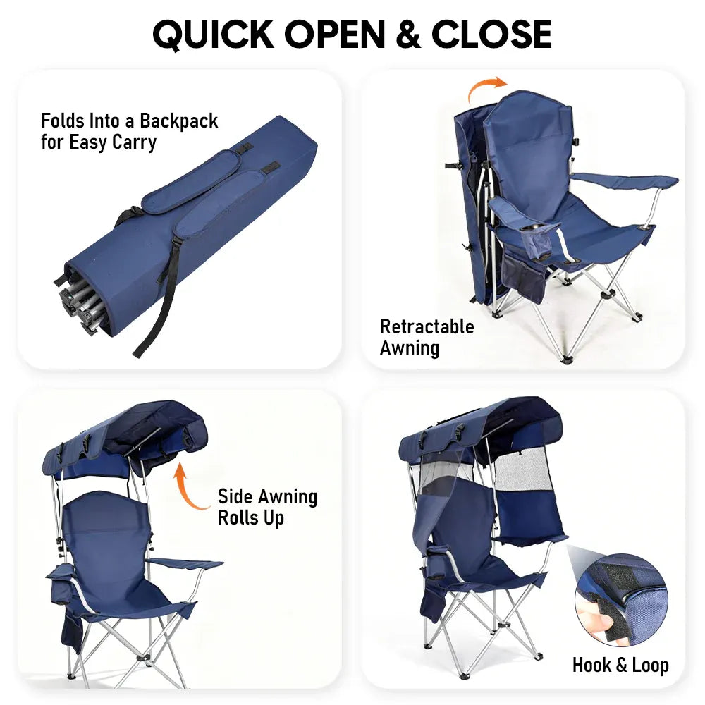 Dark blue foldable canopy shade chair with armrests, cup holder and carry bag