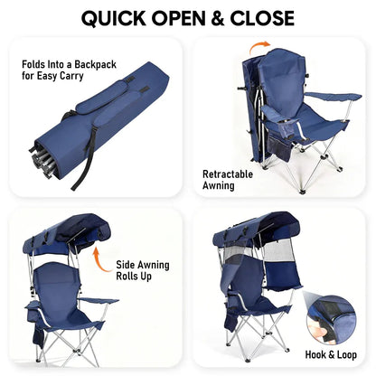 Dark blue foldable canopy shade chair with armrests, cup holder and carry bag
