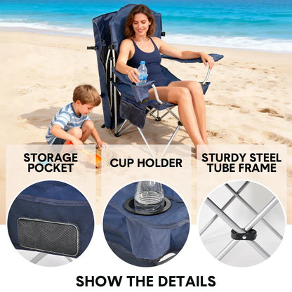 Dark blue foldable canopy shade chair with armrests, cup holder and carry bag