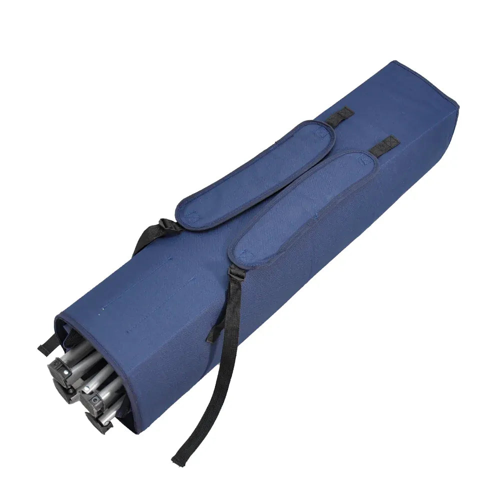 Dark blue foldable canopy shade chair with armrests, cup holder and carry bag