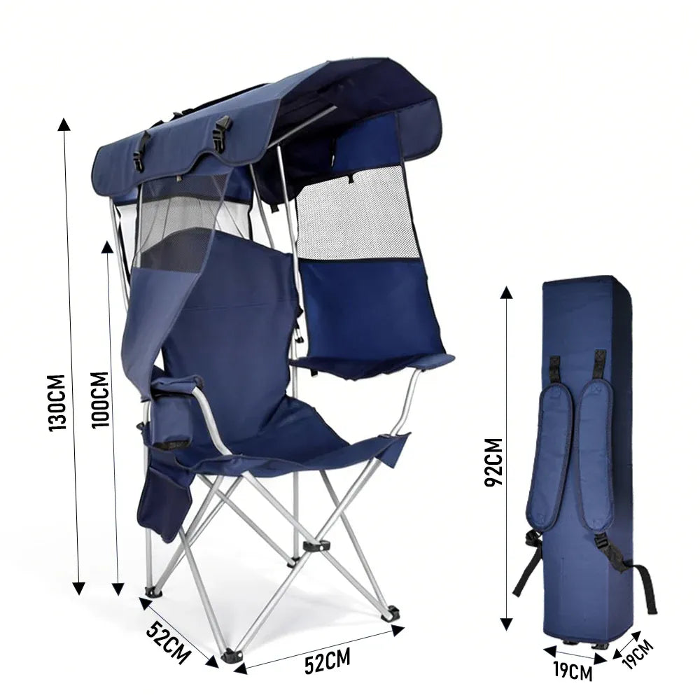Dark blue foldable canopy shade chair with armrests, cup holder and carry bag