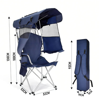 Dark blue foldable canopy shade chair with armrests, cup holder and carry bag