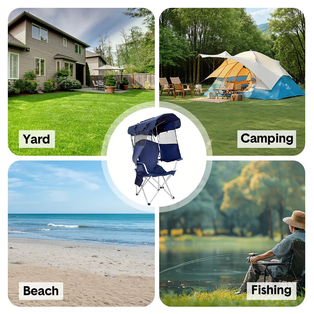 Dark blue foldable canopy shade chair with armrests, cup holder and carry bag