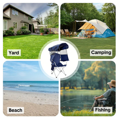 Dark blue foldable canopy shade chair with armrests, cup holder and carry bag