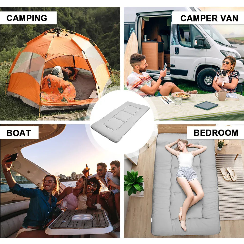 Grey foldable futon mattress with a smooth polyester cover for floor sleeping