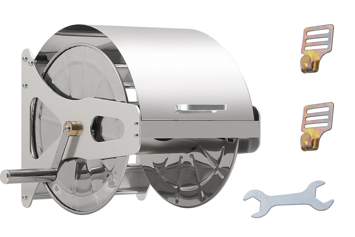Stainless steel hose reel cart with cover, crank handle and wall hooks