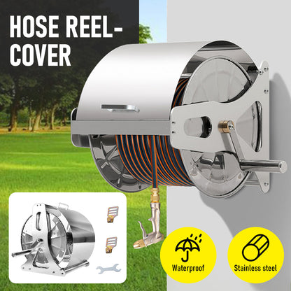 Stainless steel hose reel cart with cover, crank handle and wall hooks