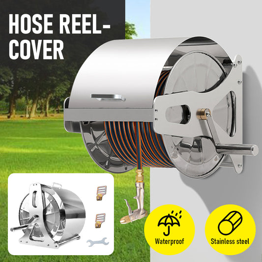 Stainless steel hose reel cart with cover, crank handle and wall hooks