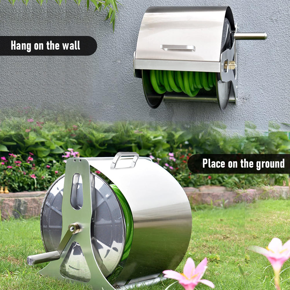 Stainless steel hose reel cart with cover, crank handle and wall hooks