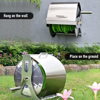 Stainless steel hose reel cart with cover, crank handle and wall hooks