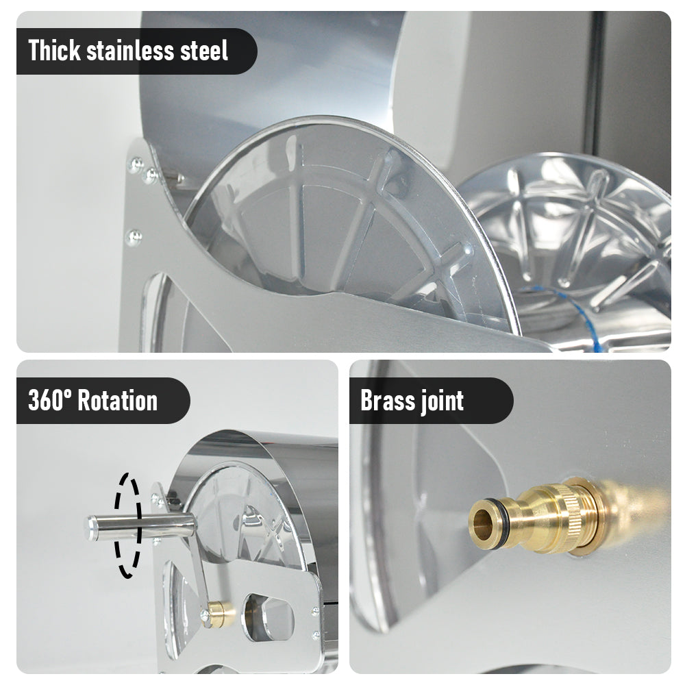 Stainless steel hose reel cart with cover, crank handle and wall hooks