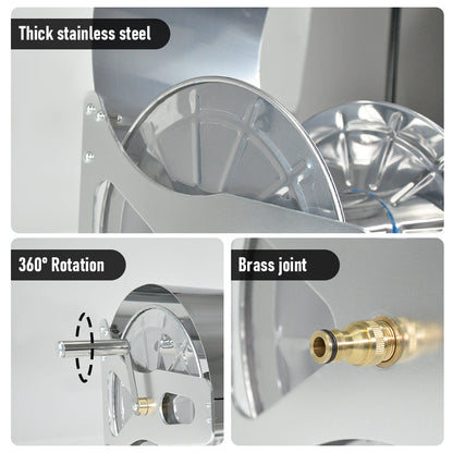 Stainless steel hose reel cart with cover, crank handle and wall hooks