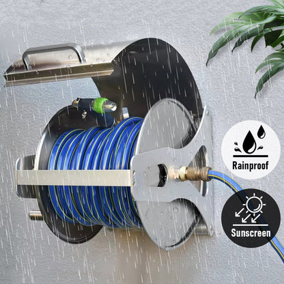 Stainless steel hose reel cart with cover, crank handle and wall hooks