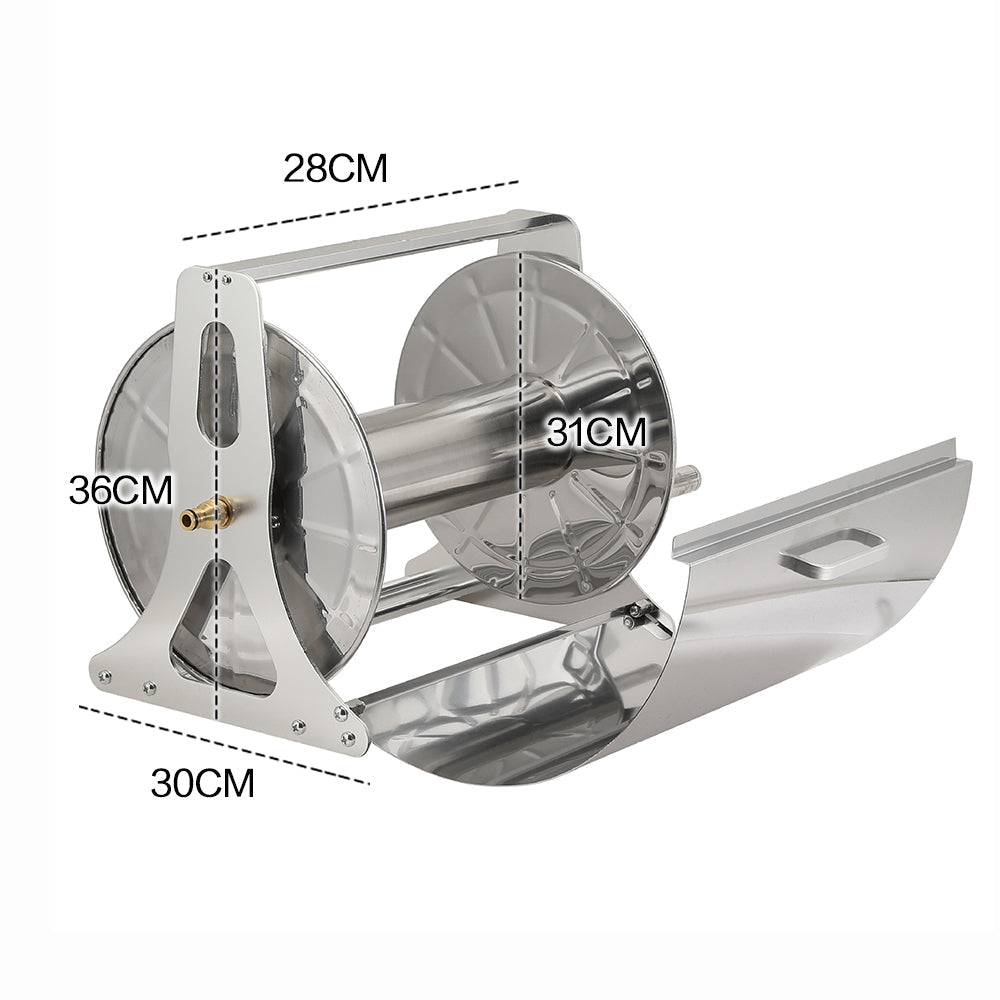 Stainless steel hose reel cart with cover, crank handle and wall hooks