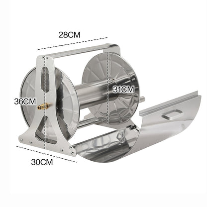 Stainless steel hose reel cart with cover, crank handle and wall hooks