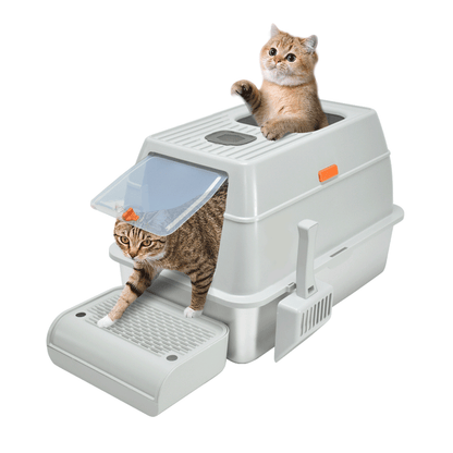 Light grey enclosed stainless steel cat litter box with top entry and ramp