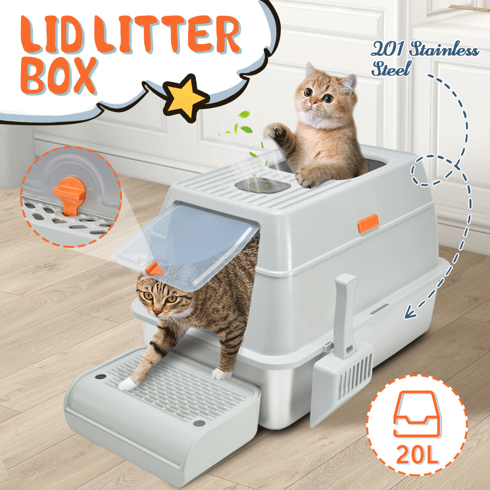 Light grey enclosed stainless steel cat litter box with top entry and ramp