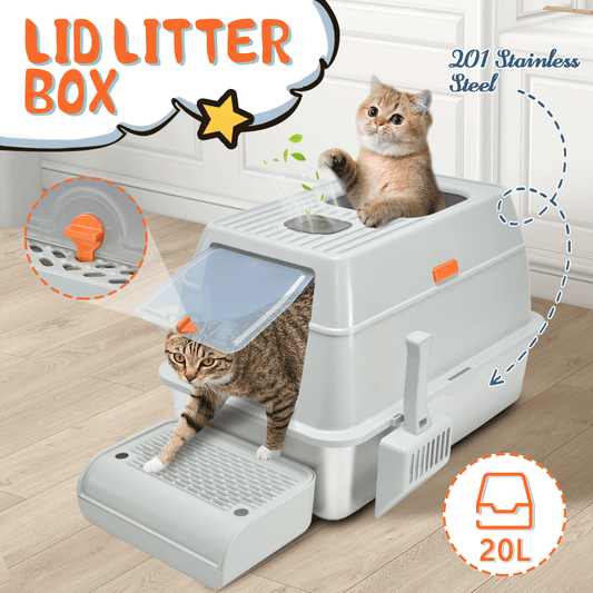 Light grey enclosed stainless steel cat litter box with top entry and ramp