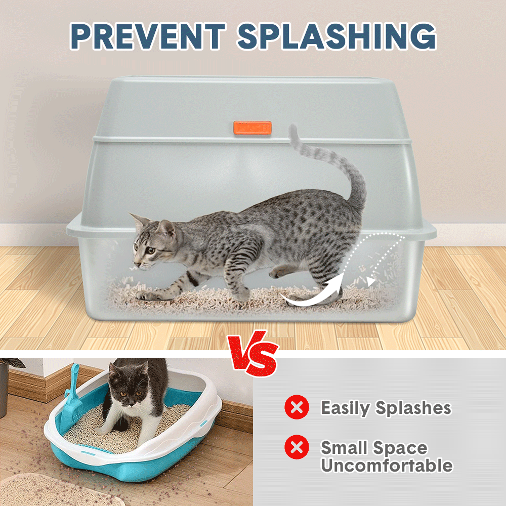 Light grey enclosed stainless steel cat litter box with top entry and ramp