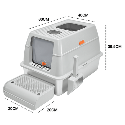 Light grey enclosed stainless steel cat litter box with top entry and ramp