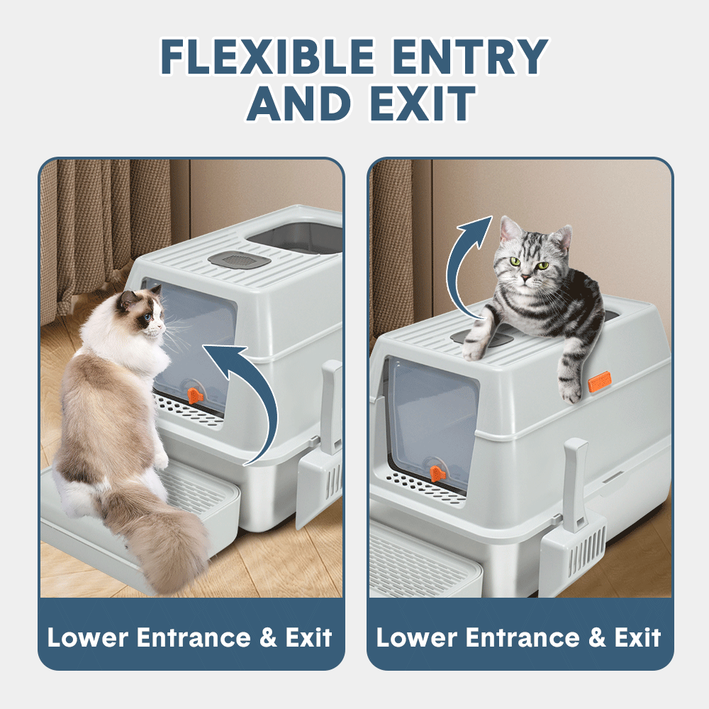 Light grey enclosed stainless steel cat litter box with top entry and ramp